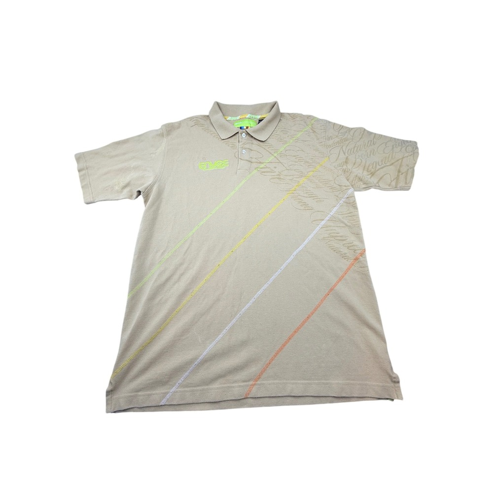 Enyce Mens Polo Shirt XL Tan Khaki Neon Diagonal Stripe Flock Script Y2K Hip Hop